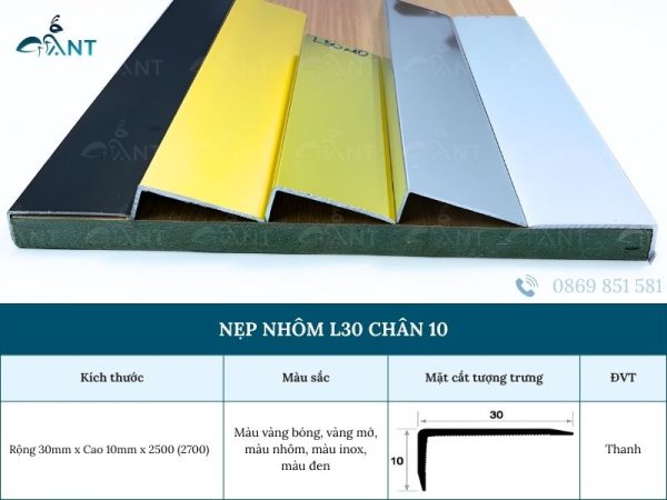 Nẹp nhôm L30 chân 10mm