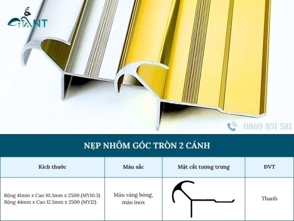 Nẹp Nhôm Góc Tròn 2 Cánh 
